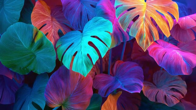 Exotic monstera and palm leaves illuminating a dark jungle with fluorescent light