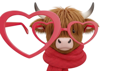 Highland Cow in Heart-Shaped Glasses and Red Scarf