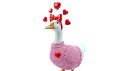 Goose wearing pink sweater with hearts and bow