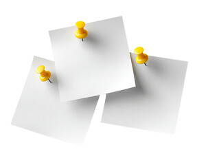 Three white square notes pinned with yellow tacks against a black background
