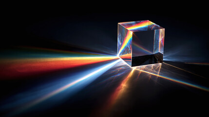 A glass prism refracting light into a spectrum of colors, showcasing the physics of light