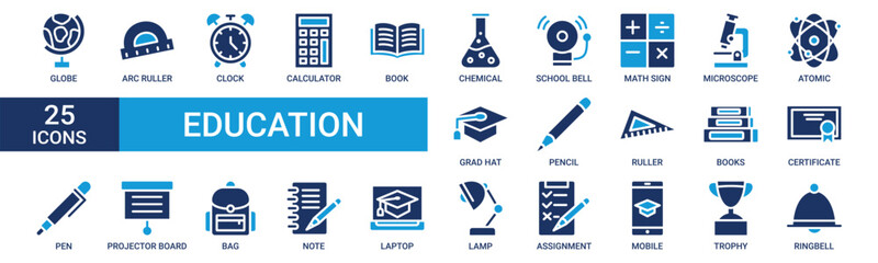 Education icon set. Containing globe, arc ruller, clock, calculator, book, chemical, school bell and more. Solid vector icons collection.