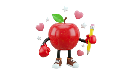 Cartoon Apple Character with Boxing Gloves and Pencil
