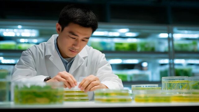 A lab technician labeling petri dishes with barcodes while racks of bacteria cultures incubate behind them, temperature-controlled LED panels illuminating the shelves &mdash; controlled incubation,