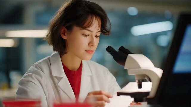 A lab assistant using a digital colony counter to evaluate the number of bacteria colonies on agar plates, LED screen displaying precise numerical results &mdash; research accuracy, automated data