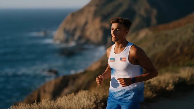 A lone runner in patriotic colors training along a coastal trail at dawn, a small flag patch sewn onto their sleeve representing personal patriotism reflected through discipline and lifestyle.