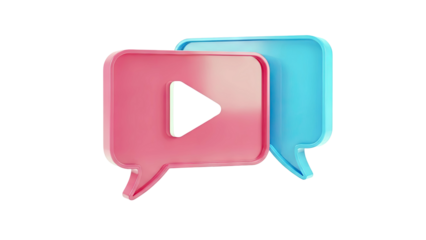 3D Play Button in Pink and Blue Speech Bubbles