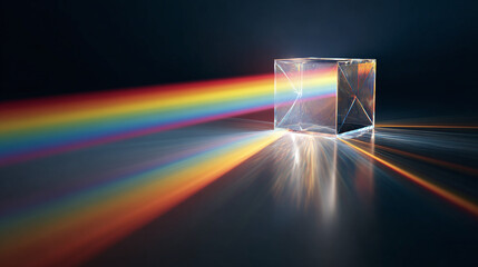 A glass prism refracting light into a spectrum of vibrant colors, demonstrating the phenomenon of dispersion. The light passing through the prism creates a stunning visual display of colors