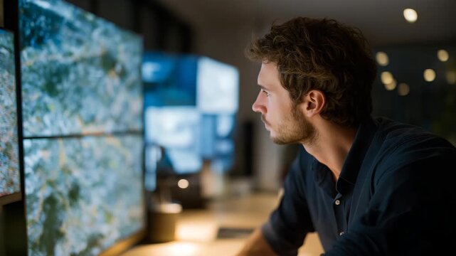 A quality-control inspector analyzing micro-cracks on a turbine blade using a laser scanner, detailed structural maps appearing on a multi-panel screen &mdash; industrial safety, defect detection, and