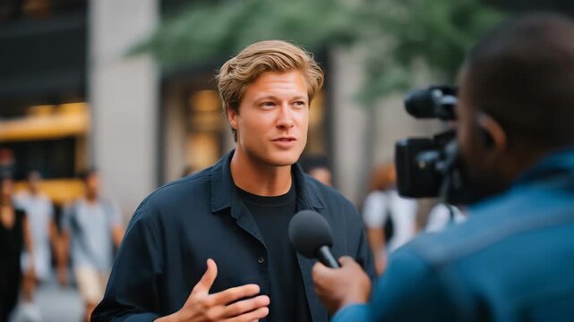 A producer conducting a street interview during a social-issues documentary, camera operator stabilizing handheld footage as city life moves organically in the background &mdash; real-world storytelling,