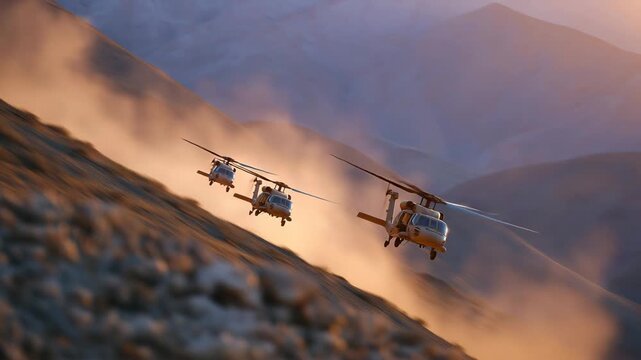 A rapid-response team deploying from a helicopter into a remote mountainous region, rotor wash whipping through the dust as they move into formation &mdash; airborne assault tactics, vertical insertion