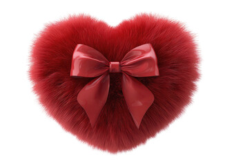 Fluffy red heart with a glossy red bow against a plain black background