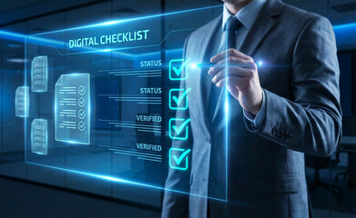Businessman Using Digital Checklist Interface for Corporate Website and App