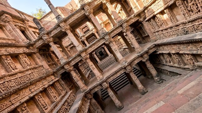 Ancient Rani ki Vav temple with intricate carvings and ornate architecture in vibrant sunlight