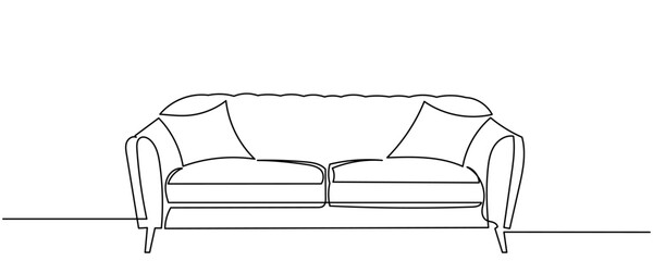 continuous line drawing of a modern two-seater sofa with cushions. A clean, elegant black-and-white sketch, a single fluid stroke.a comfortable sofa in a minimalist Vector illustration.