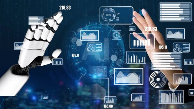 A robotic hand reaches towards a human hand amidst a backdrop of dynamic data visualization screens, symbolizing the fusion of technology and human interaction in a digital landscape. Xenic