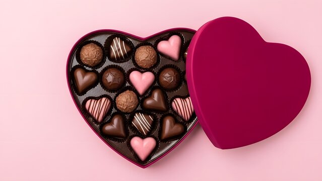 Open heart shaped box of assorted chocolates on pink background