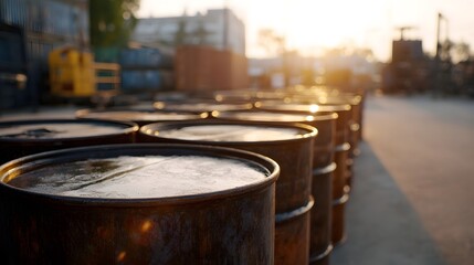 Fototapeta premium Rusty metal oil barrels lined up in an industrial yard during sunset