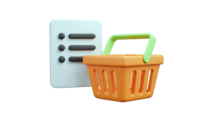 3D Render of Shopping Basket and List Icon
