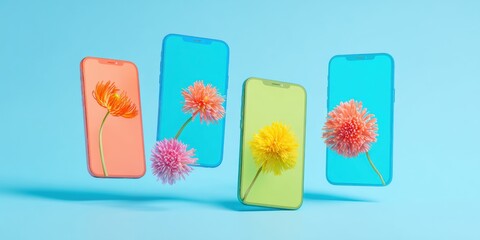 Set of four colorful smartphone mockups in various rotations with abstract flowers for modern website and infographic design template
