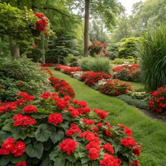Beautiful Garden Landscape with Vibrant Red Flowers and Lush Green Pathway.