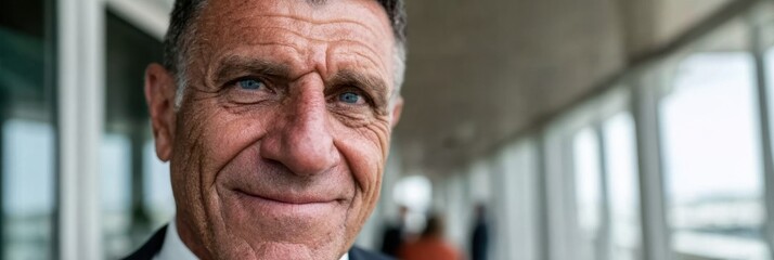 Smiling older bank manager or investor standing in a modern office hallway, a confident middle-aged businessman executive portrait, ideal for financial services materials