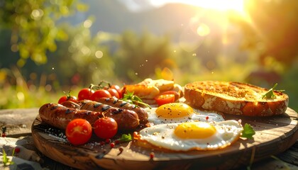 Outdoor breakfast spread with sausages, eggs, and toast bathed in warm sunlight