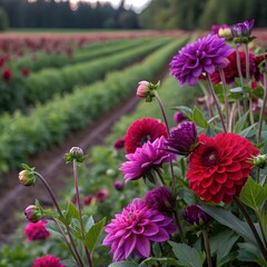 Dahlias, beautiful red dahlias, Selective focus on flowers in blurred garden background, The flowers are in full bloom and the colors are vibrant, bringing the scene to life.