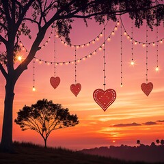 Romantic Sunset Landscape with Hanging Heart Decorations for Valentine&rsquo;s Day 14 February.