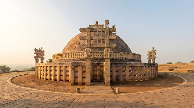 Ancient stone Buddhist stupa with intricate carvings in a serene landscape