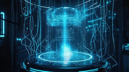 Futuristic Blue Energy Core Generating Power in a Dark Environment.