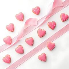 Pink Awareness Ribbon with Heart Shapes on White Background, Love and Support Concept, Happy Valentine's Day 14 February.