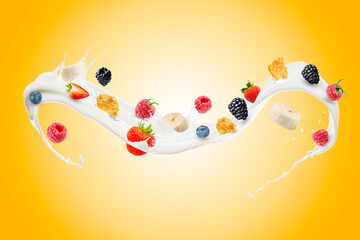 Milk Splash with Fresh Blueberries, Blackberries, Raspberries, Strawberry, Banana, and crispy corn...