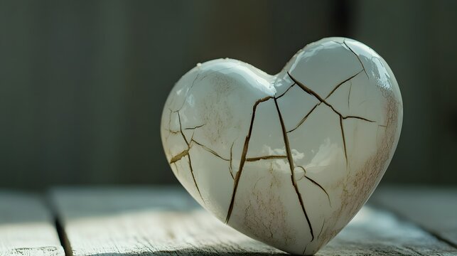 A cracked heart shaped ceramic rests gently on weathered wood, symbolizing heartbreak, fragile emotions, and the process of healing after emotional pain and loss.
