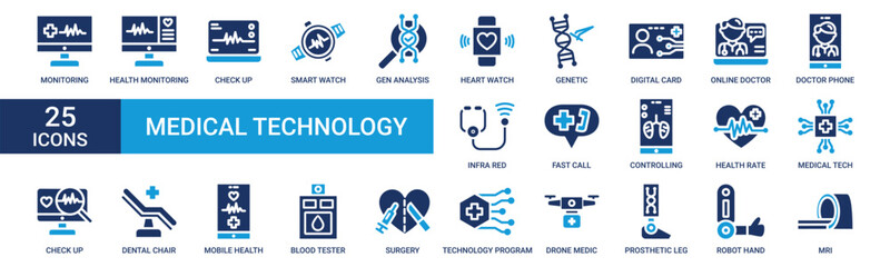 Medical technology icon set. Containing monitoring, health, check up, smart watch, gen, heart, genetic and more. Solid vector icons collection.