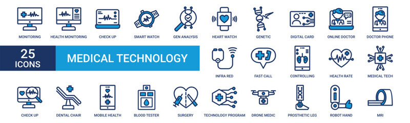 Medical technology icon set. Containing monitoring, health, check up, smart watch, gen, heart, genetic and more. Blue vector icons collection.