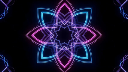 Mesmerizing neon abstract floral design featuring symmetrical glowing purple and cyan geometric shapes creating a hypnotic kaleidoscopic visual effect background template