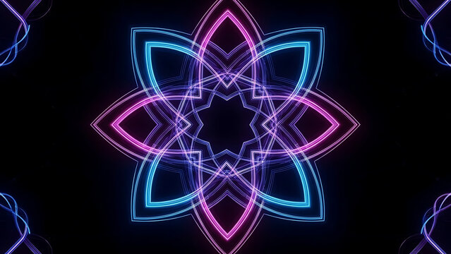 Mesmerizing neon abstract floral design featuring symmetrical glowing purple and cyan geometric shapes creating a hypnotic kaleidoscopic visual effect background template - Powered by Adobe