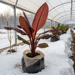 Tropical Rubber Plant in Greenhouse During Winter with Snow on the Ground.