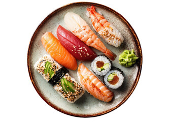 Sushi assortment on a plate, featuring salmon, tuna, shrimp, avocado, and wasabi