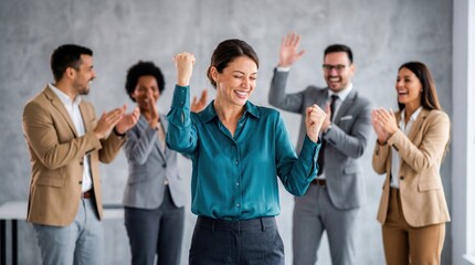 Business office success celebration team applause happy professional woman celebrate success modern office with cheerful