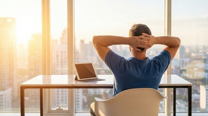 Man office city window sunset relax man relaxes in modern office chair facing city skyline with warm sunset light and calm mood