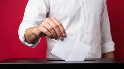 Man hand ballot box vote election concept, democratic process, red background, white shirt, choice