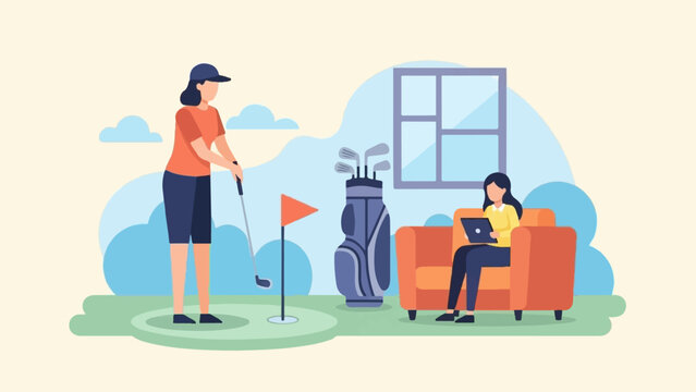 Two women, one golfing indoors, the other working on a laptop