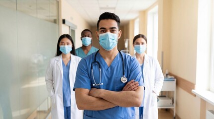 Medical team hospital corridor confident doctor mask nurse healthcare professional diverse staff support