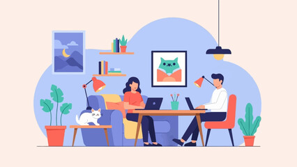 Two people work on laptops at a table in a room with a cat and plants