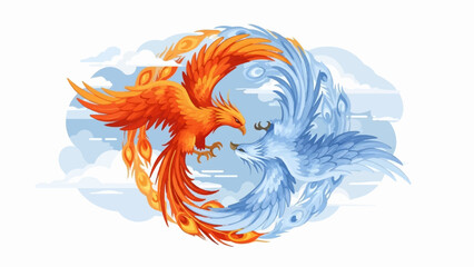 Obraz premium Two stylized phoenix birds, one fiery orange, the other icy blue, form a yin-yang symbol in a cloudy sky