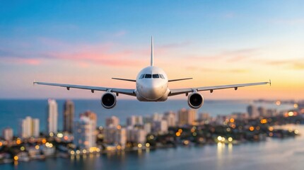Airplane flight city sunset travel skyline evening light airplane flight over coastal city skyline at colorful sunset
