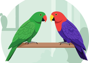 Two vibrant parrots, one green, one red and purple, perched on a wooden branch, looking at each other