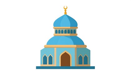 A flat-design illustration depicts a light blue mosque building with a golden crescent on top and multiple windows
